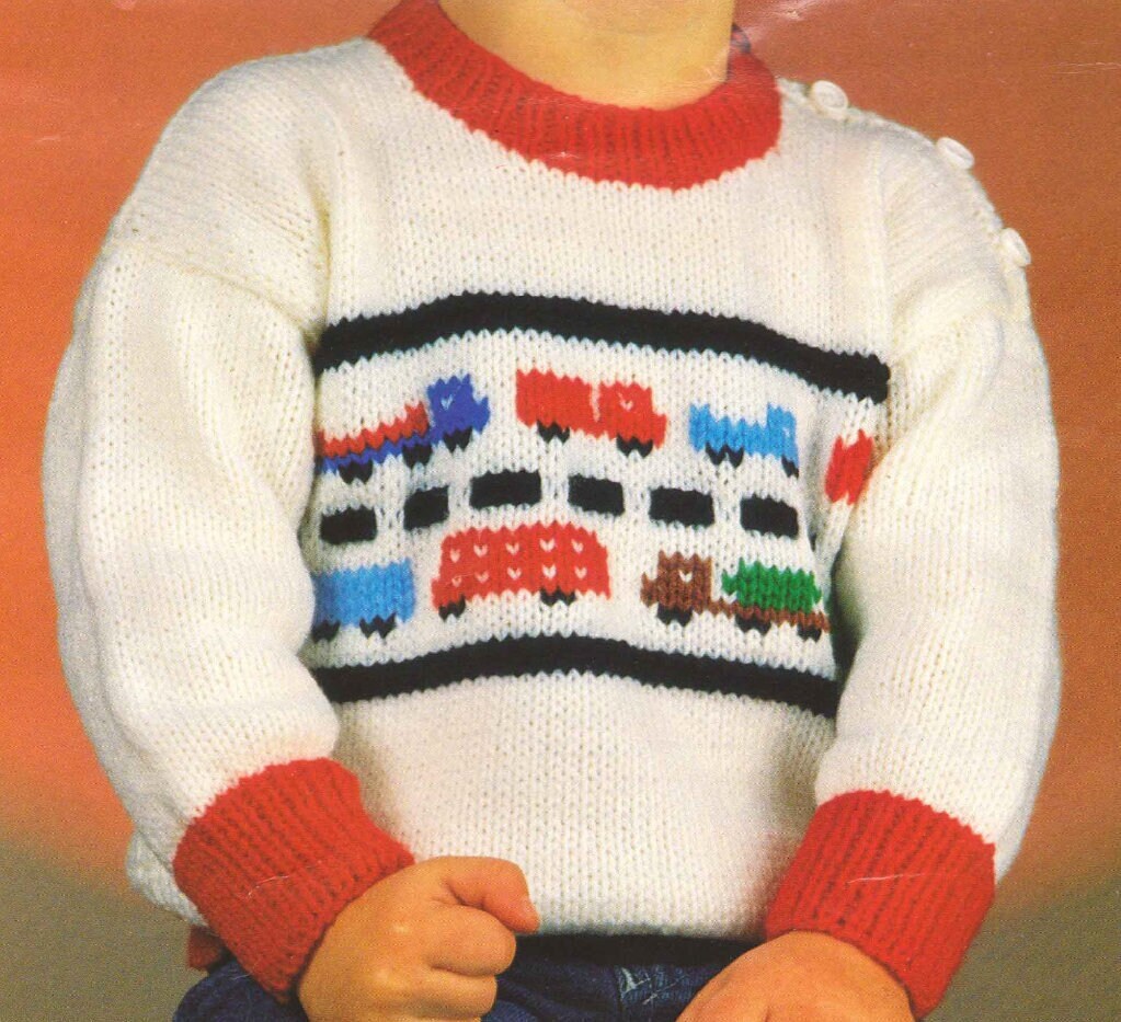 Vintage Knitting Pattern Toddler Boys Knit Vehicles Pullover Sweater Cars Trucks Traffic PDF Instant Digital Download 18m - 4 yrs DK 8 Ply