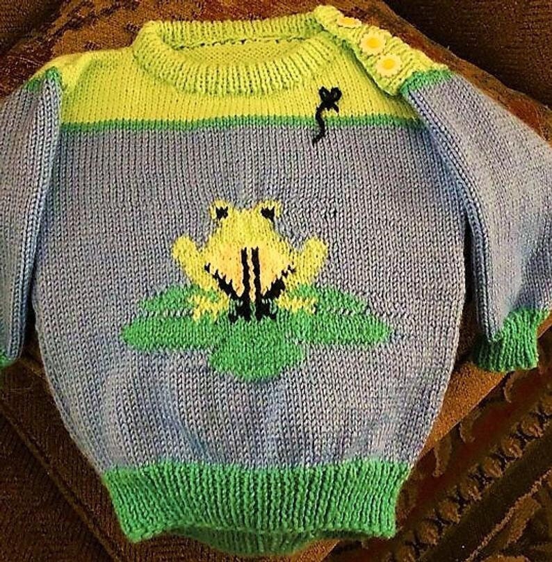 Vintage Knitting Pattern Baby Toddler Frog Sweater PDF Instant Digital Download Animal Pullover Jumper Lily Pad Motif 1-4 yrs 5 Ply