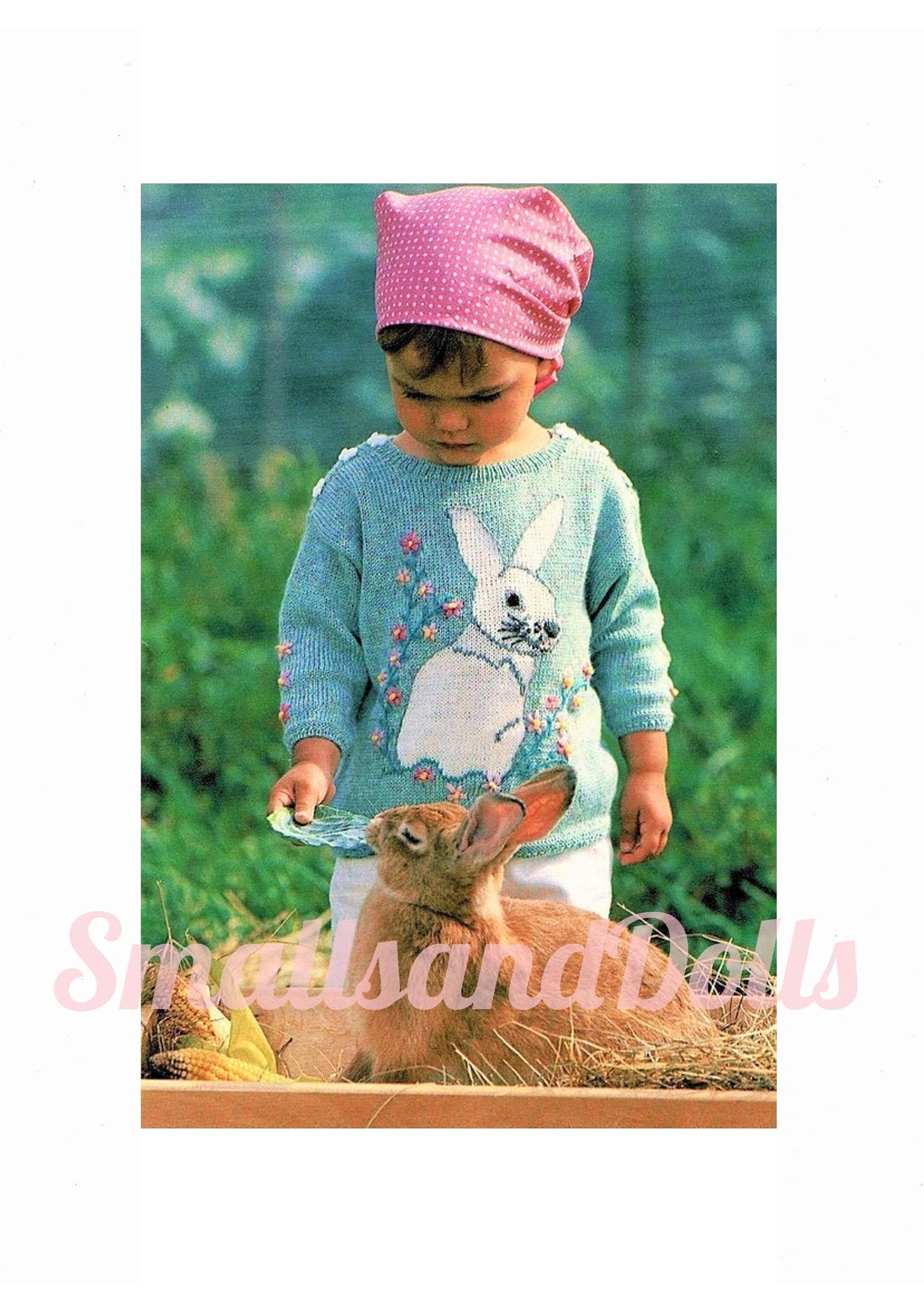 Vintage Knitting Pattern Baby Toddler Girl Bunny Rabbit Sweater PDF Instant Digital Download Easter Flowers Jumper 12m-18m