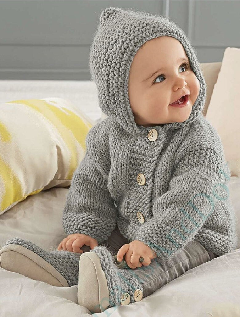 Vintage Knitting Pattern Baby Pixie Hoodie Hooded Jacket & Booties Set Chunky Easy Knit PDF Instant Digital Download 3-24m 12 Ply