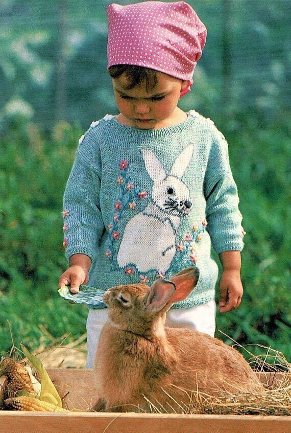 Vintage Knitting Pattern Baby Toddler Girl Bunny Rabbit Sweater PDF Instant Digital Download Easter Flowers Jumper 12m-18m