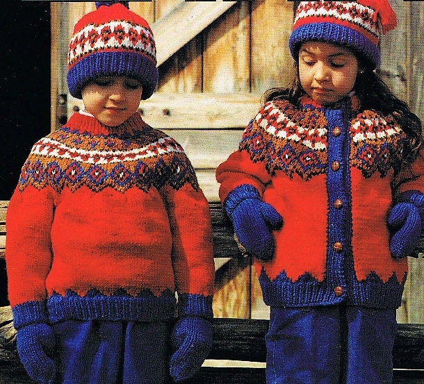 Vintage Knitting Pattern Toddler & Big Kids Chunky Sweater Hat Mitts Sets Country Brights FairIsle PDF Instant Digital Download 9m-12 yrs
