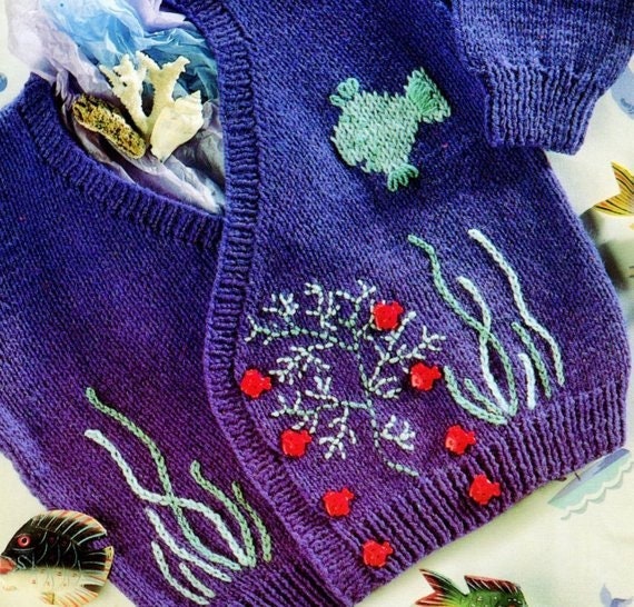 Vintage Knitting Pattern Toddler Boys Fish Sealife Cardigan Sweater PDF Instant Digital Download 18m - 6 Years Aquarium Jumper 5 Ply