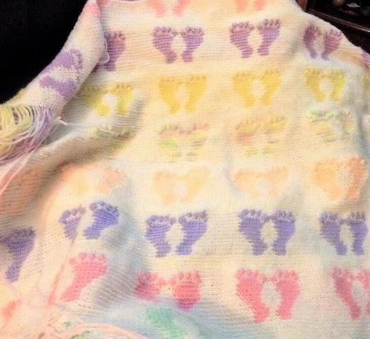 Vintage Crochet Little Footprints Baby Feet Afghan Blanket PDF Instant Digital Download Cute Cot Cover Lapghan 34x32 5 Ply