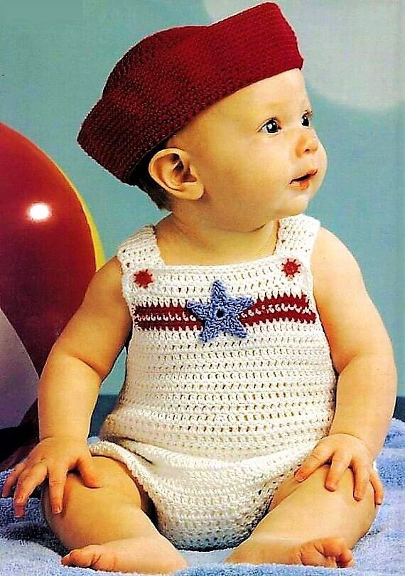 Vintage Crochet Pattern Baby Stars Sailor Suit Sunsuit Overalls Romper Hat Outfit Set PDF Instant Digital Download 9-12 months 5 Ply