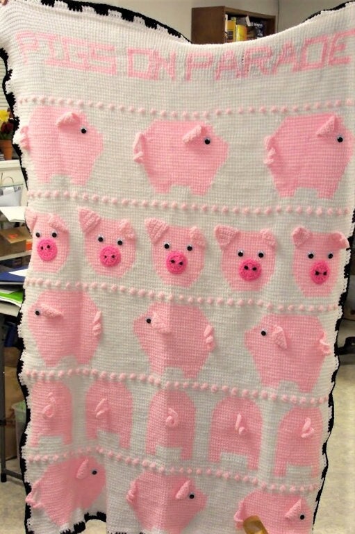 Vintage Crochet Little Piggies Afghan Pattern Pig Baby Blanket PDF Instant Digital Download Crib Cot Cover Tunisian Stitch 4 Ply