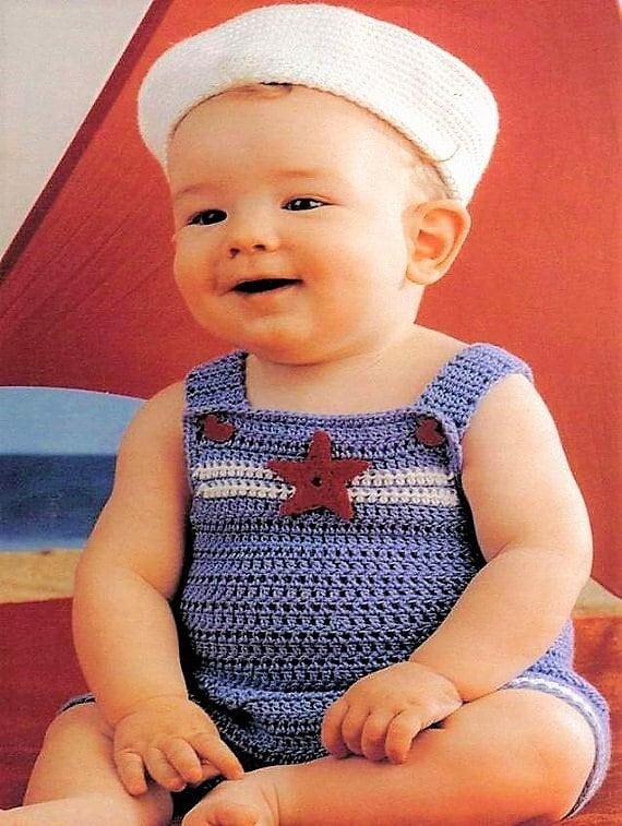 Vintage Crochet Pattern Baby Stars Sailor Suit Sunsuit Overalls Romper Hat Outfit Set PDF Instant Digital Download 9-12 months 5 Ply