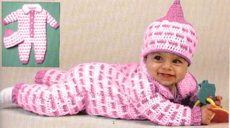 Vintage Crochet Pattern Baby Boy or Girl Playsuit & Hat Set PDF Instant Digital Download Dashed Stripes Long Romper 6 and 18 Months 5 Ply