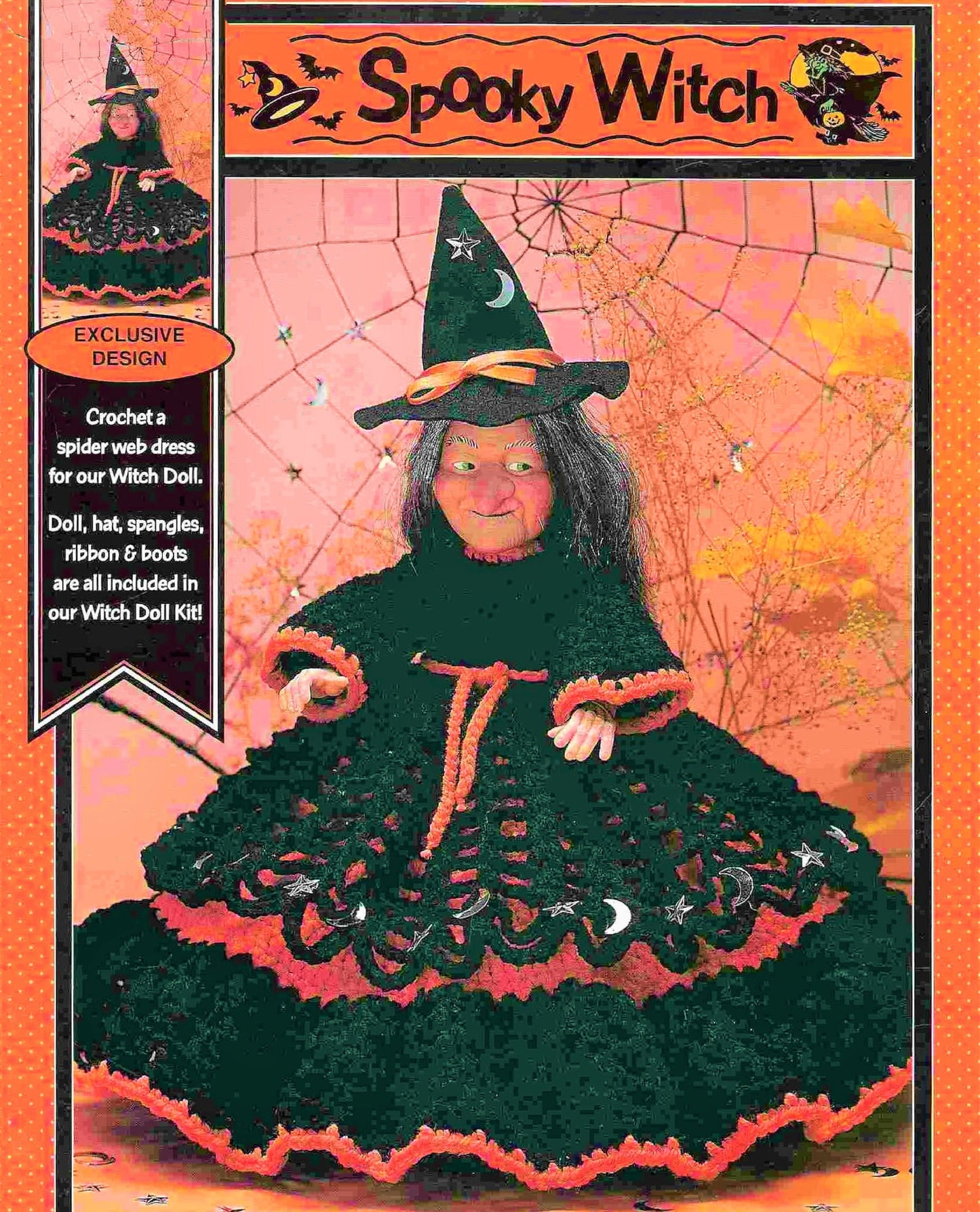 Vintage Crochet Pattern 12" Spooky Witch Doll Spider Web Dress PDF Instant Digital Halloween Doll 10 Ply