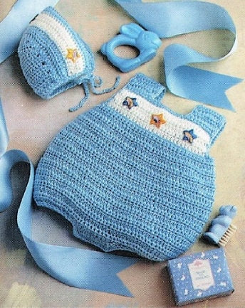 Vintage Crochet Pattern Baby Boy Girl Bubble Romper & Bonnet Hat Set PDF Instant Digital Download Short Summer Sunsuit 3-12m 5 Ply