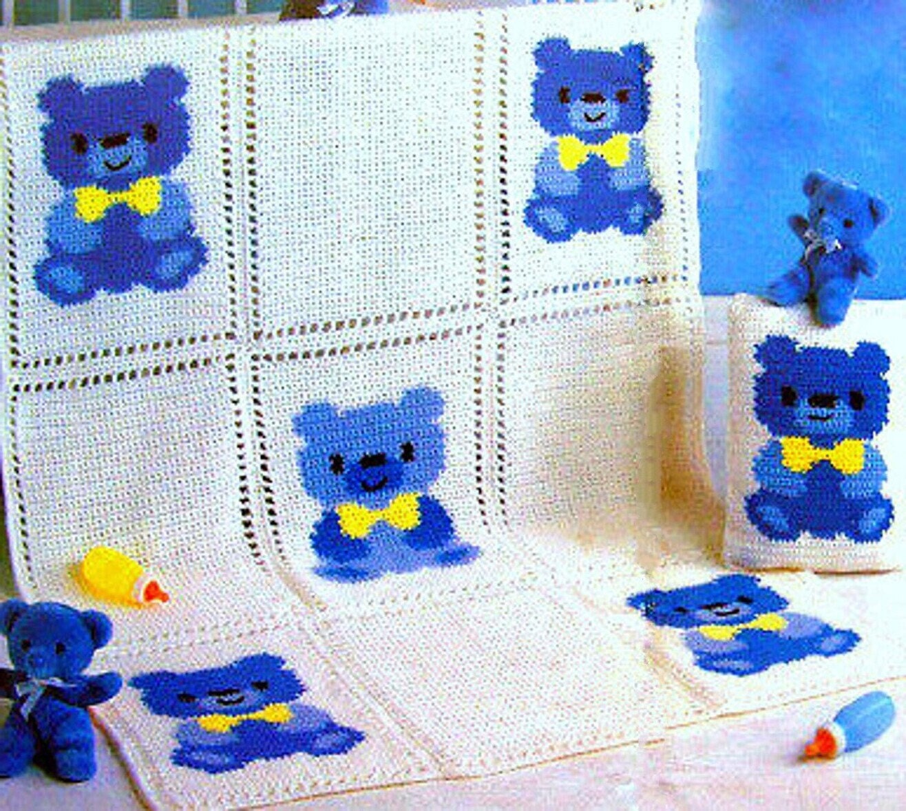 Vintage Crochet Pattern Baby Bears Bowties Crib Afghan & Pillow Set PDF Instant Digital Download Nursery Blanket Teddy Bear Motif 4 Ply
