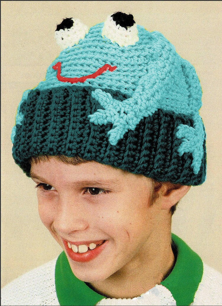 Vintage Crochet Pattern Kids Frog Beanie Hat PDF Instant Digital Download Fun Novelty Crochet Animal Hat 4 Ply