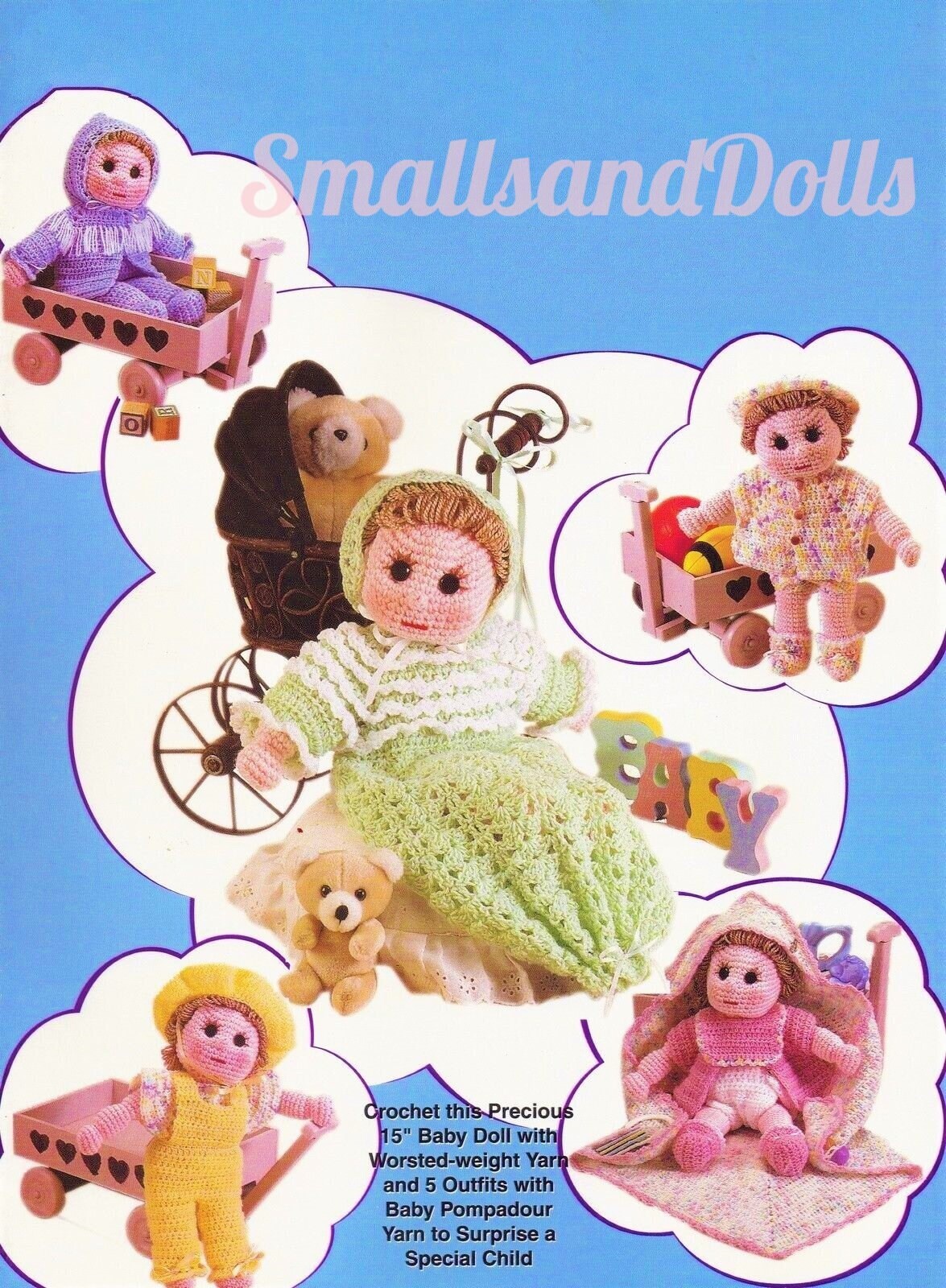 Vintage Crochet Pattern 15" Girl Baby Doll and Clothing Soft Sculpture Dolly Amigurumi 5 Outfits PDF Instant Digital Download 10 Ply