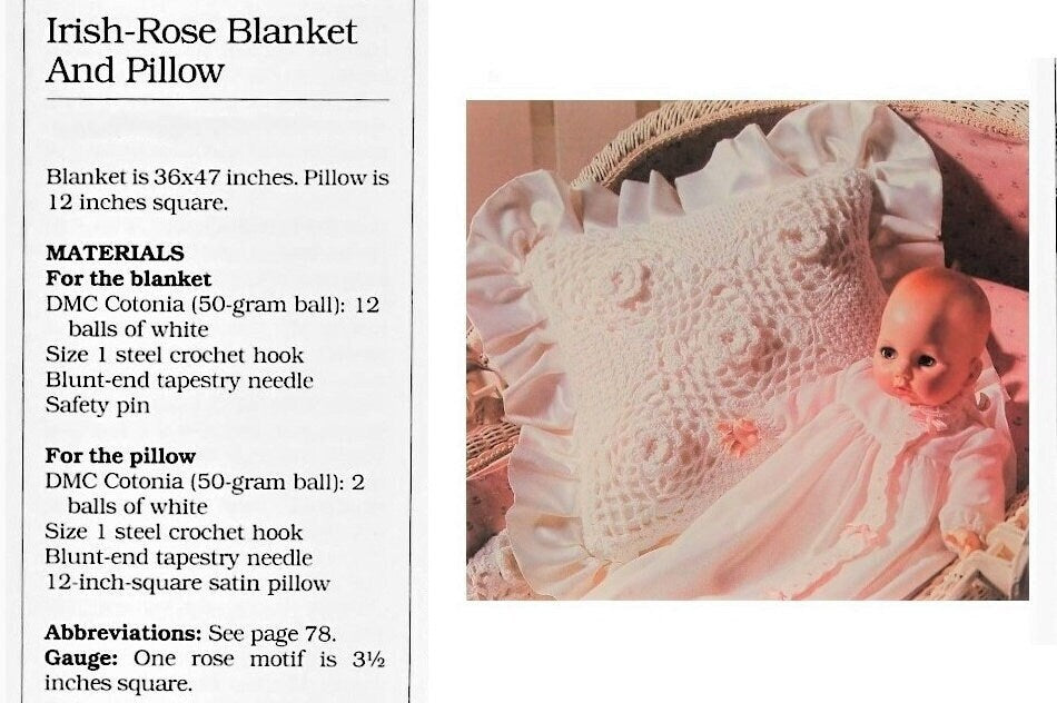 Vintage Crochet Pattern Irish Rose Baby Blanket Afghan & Pillow Set PDF Instant Digital Download Lace Rose Granny Square Motifs 4 Ply