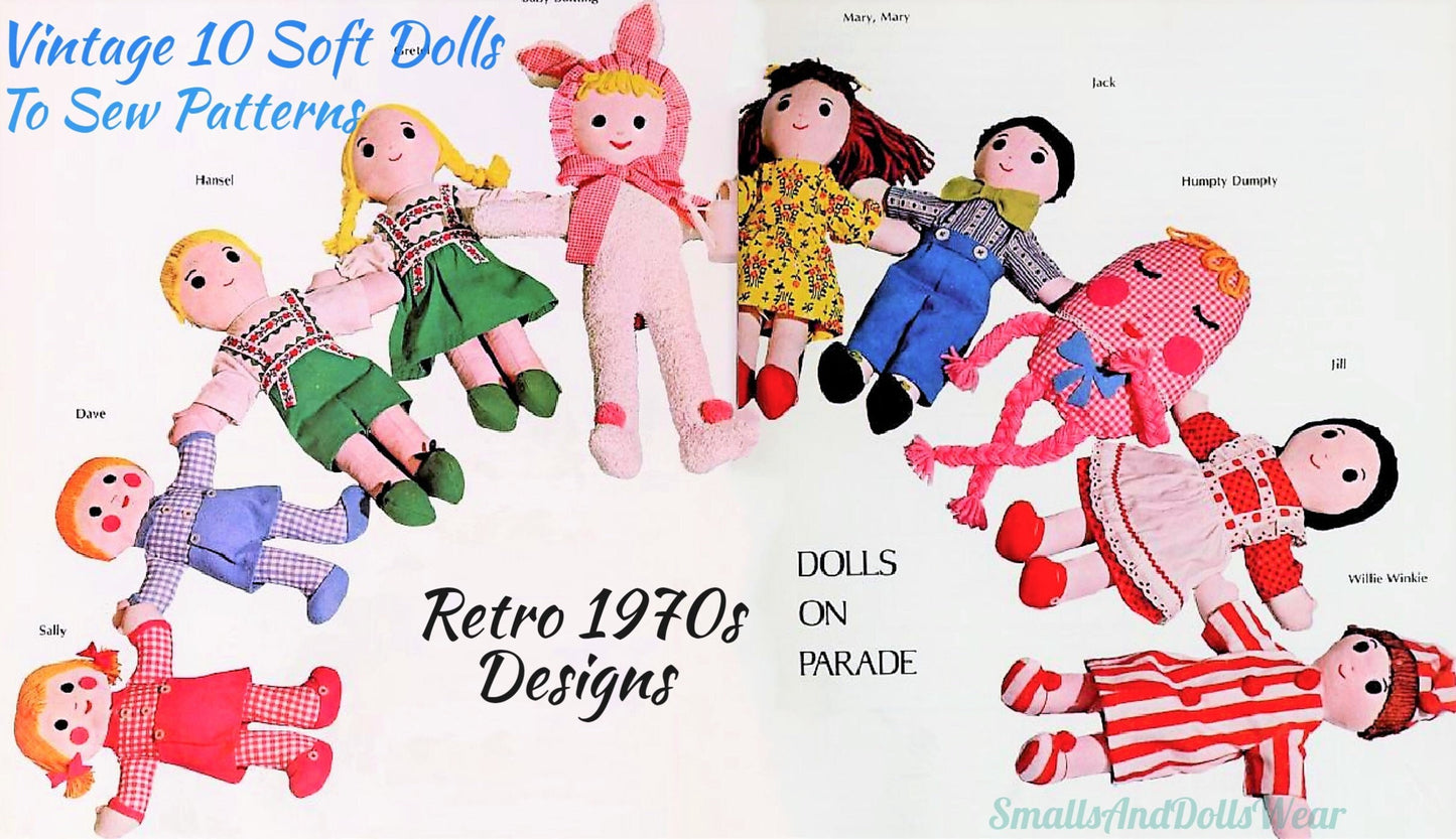 Vintage Sewing Pattern Ten 18" 24" Soft Nursery Rhyme Storybook Dolls to Sew Retro 1970s PDF Instant Digital Download Toy Dollys