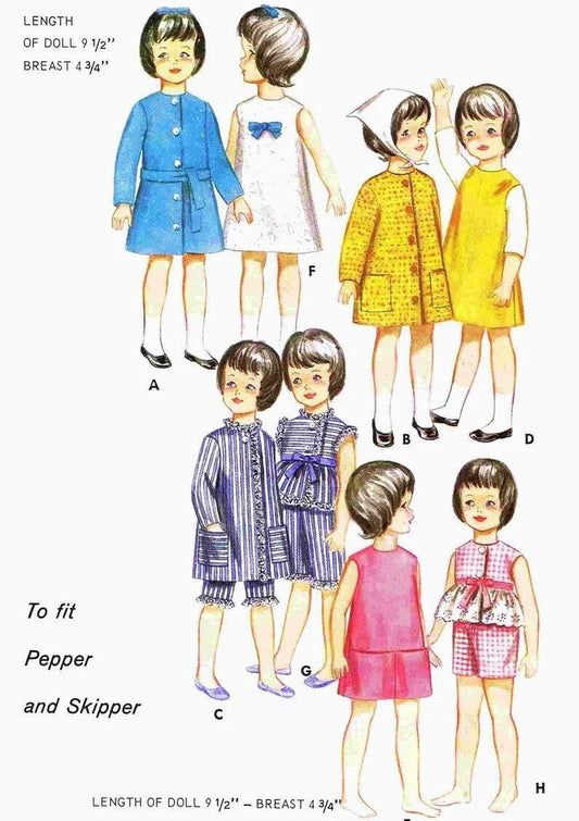 Vintage Sewing Patterns 1960s 9.5" Toy Doll Wardrobe Clothing To Fit Pepper Skipper PDF Instant Digital Download Coats Dresses Pajama Sets