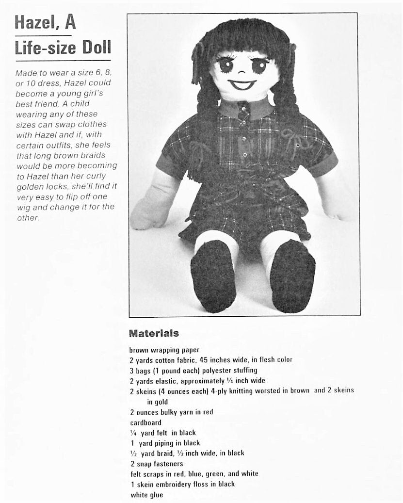 Vintage Sewing Pattern Hazel A Life Size Doll Soft Sculpture Toy Three Sizes PDF Instant Digital Download Large Dolly Cotton Fabrics