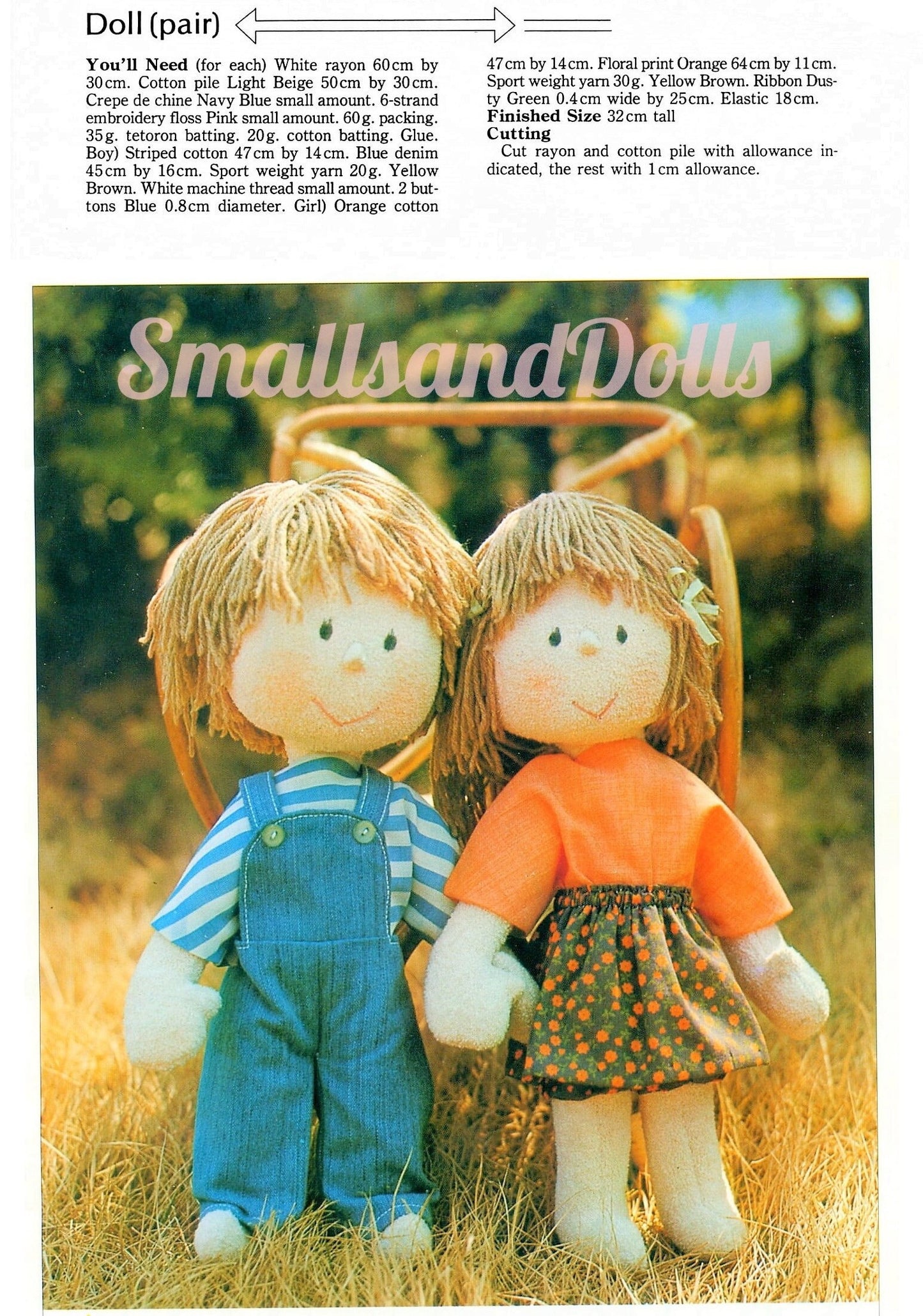 Vintage Sewing Pattern 13" Adorable Boy and Girl Soft Sculpture Toy Dolls PDF Instant Digital Download Cotton Pile Rag Dolls Yarn Hair