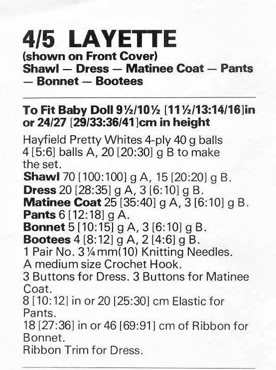 Vintage Knitting Pattern Baby Doll Clothes 6 Piece Layette Set PDF Instant Digital Download For 9 - 16 Inch Dolls 4 Ply
