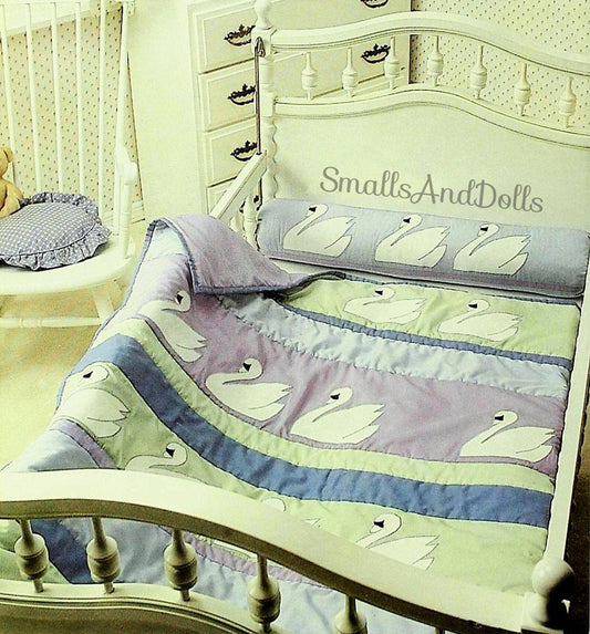 Vintage Sewing Pattern Serene Swan Baby Crib Quilt PDF Instant Digital Download Strip Pieced Quilted Applique Cot Coverlet 44x59