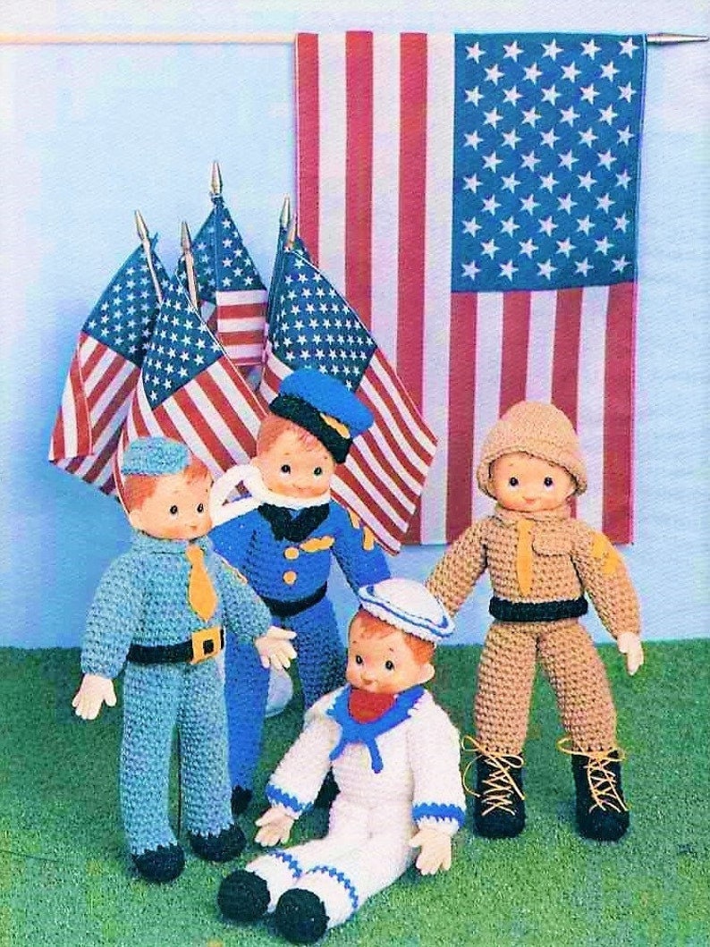 Vintage Crochet Pattern 12" Military Soldier Dolls Soft Amigurumi Toys Army Navy Air Force Marines PDF Instant Digital Download 4 Ply