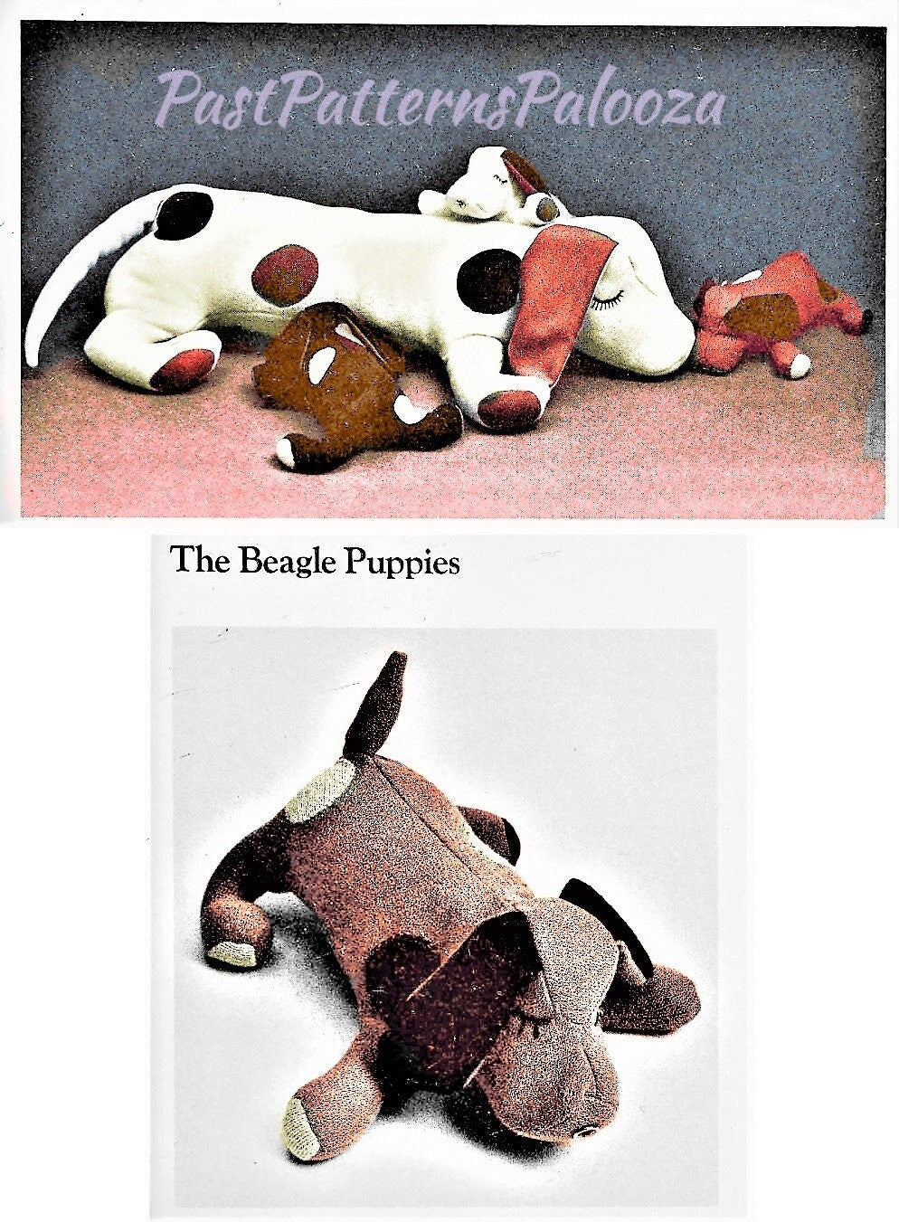 Vintage Sewing Pattern Sleepy Beagle Puppy Dog Family Litter Soft Toy Dolls PDF Instant Digital Download 33" Mama 12" Snap on Puppies
