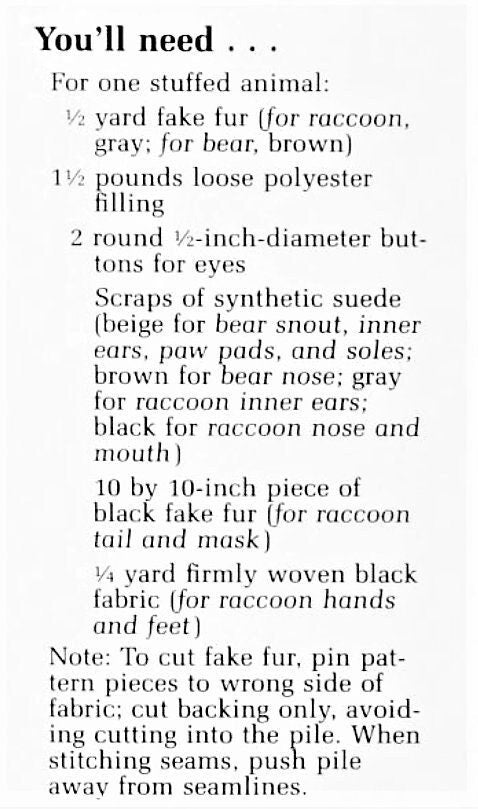 Vintage Sewing Pattern 16" Plush Raccoon and Brown Bear Faux Fur Fabric Toys PDF Instant Digital Download Sewn Woodland Forest Friends Dolls