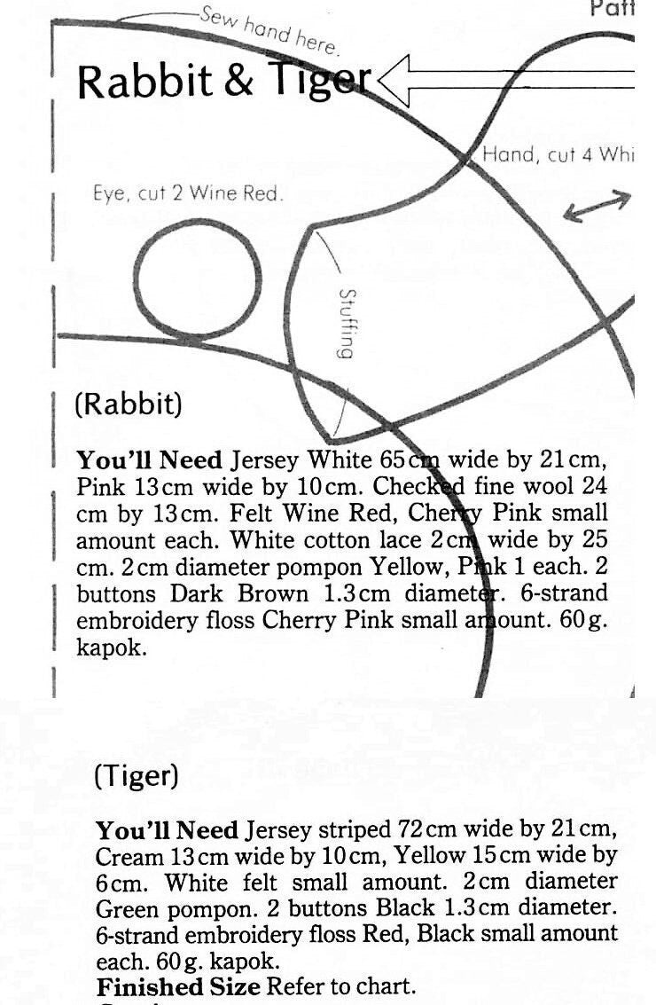 Vintage Sewing Pattern Bunny Rabbit and Tiger Soft Fabric Toy Dolls PDF Instant Digital Download Cute Retro Stuffed Animals