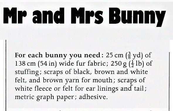 Vintage Sewing Pattern 18" Mr and Mrs Bunny Rabbit Soft Dolls Plush Faux Fur Fabric PDF Instant Digital Download Stuffed Soft Toys