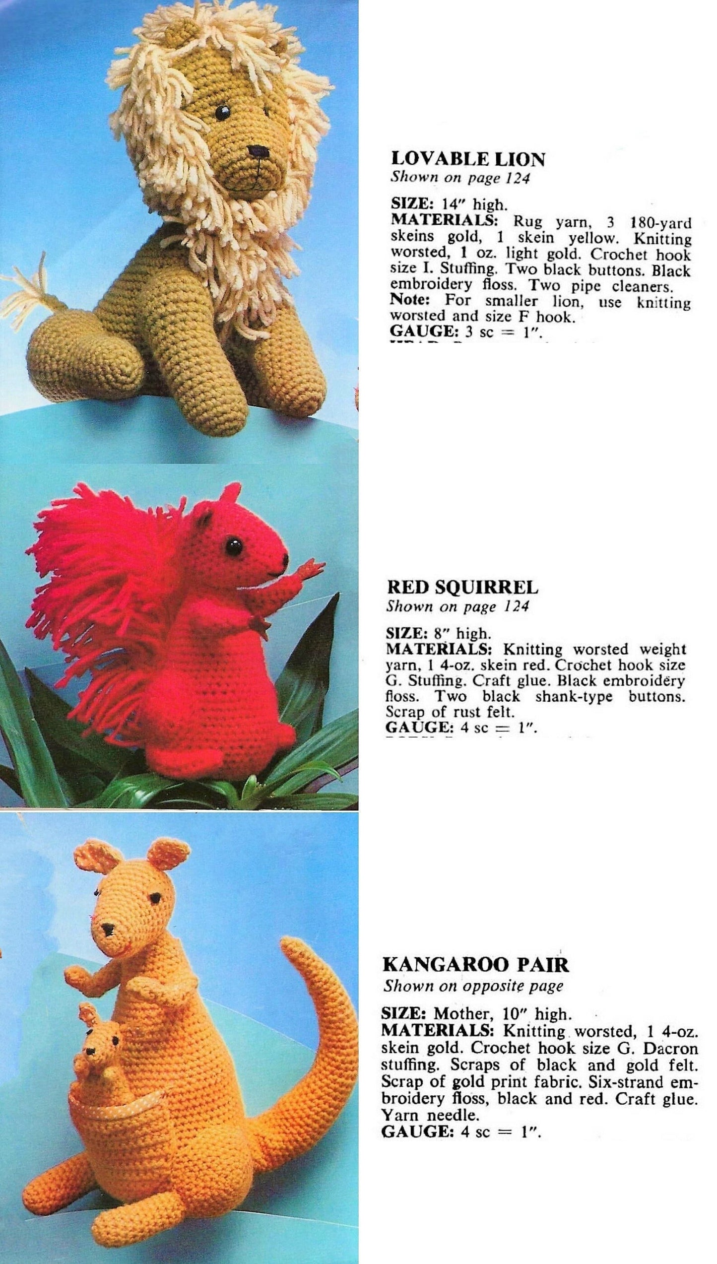 Vintage Crochet Pattern 8-14" Lion Squirrel Kangaroo Soft Toy Dolls Amigurumi Animals PDF Instant Digital Download 10 Ply