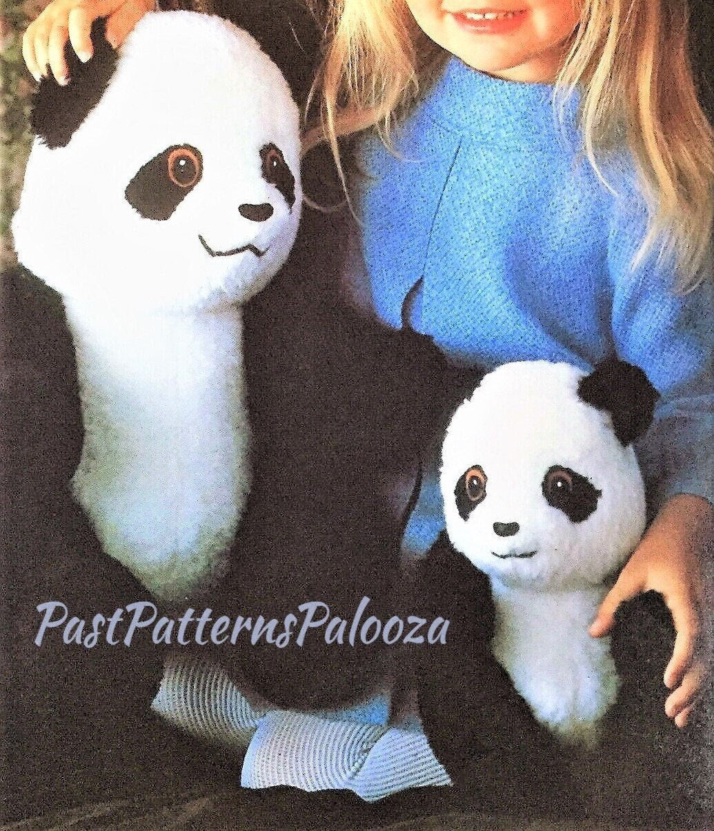 Vintage Sewing Pattern 13" 8" Panda Bears Soft Toy Dolls Plush Faux Fur Fabric Mama and Baby PDF Instant Digital Download Stuffed Animals