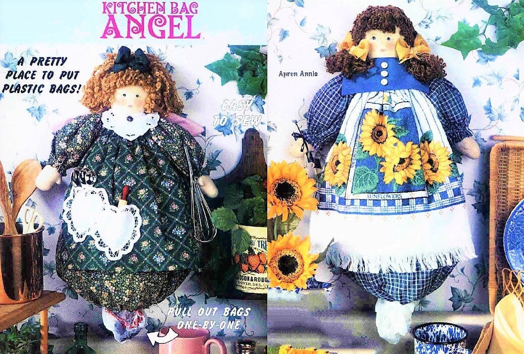 Vintage Sewing Pattern Kitchen Angel Apron Annie Dolls Bag Holders PDF Instant Digital Download Pretty Plush Fabric Plastic Bag Catchers