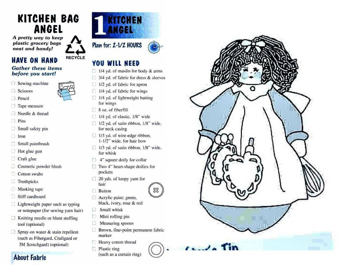 Vintage Sewing Pattern Kitchen Angel Apron Annie Dolls Bag Holders PDF Instant Digital Download Pretty Plush Fabric Plastic Bag Catchers