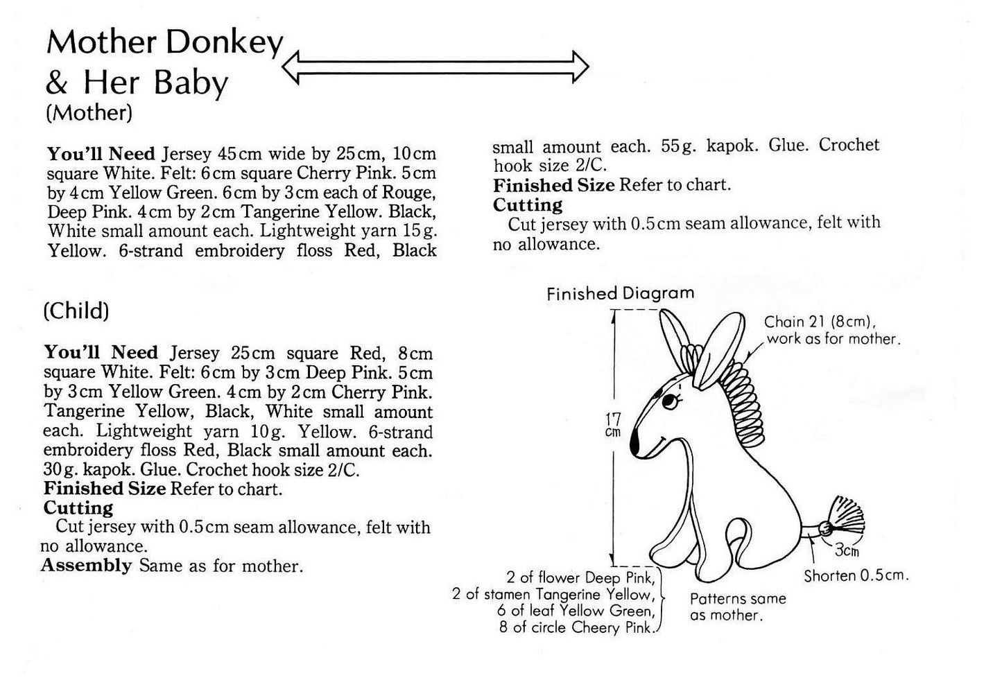 Vintage Sewing Pattern Retro Mod Donkey Soft Toy Mama and Baby PDF Instant Digital Download Kitsch Flower Applique Animal Doll