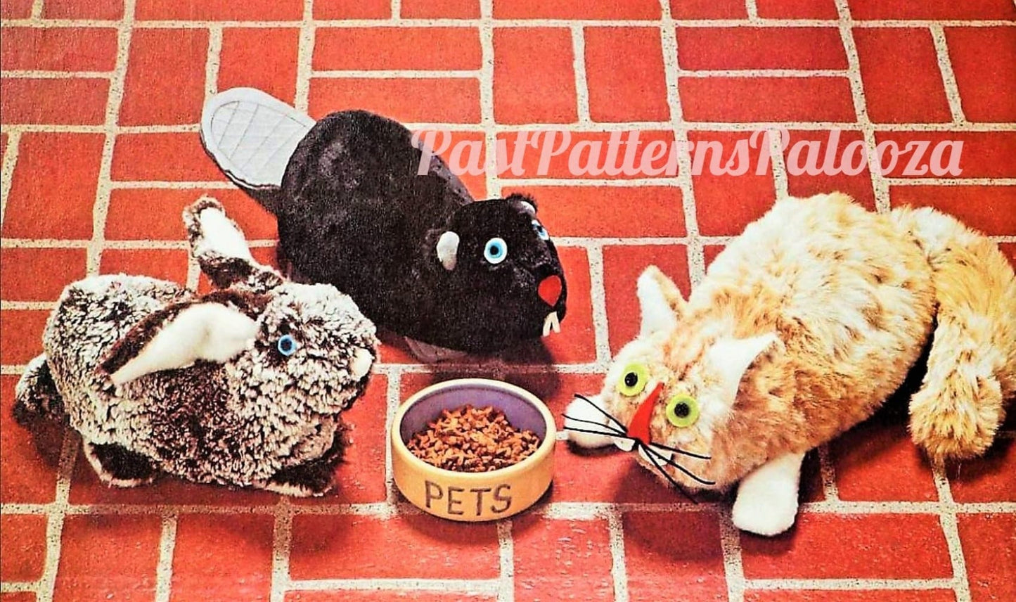 Vintage Sewing Pattern 12" Bean Bag Animals Bunny Beaver Cat Soft Toy Doll Fake Fur Fabric Beanies PDF Instant Digital Download Sewn Beanbag