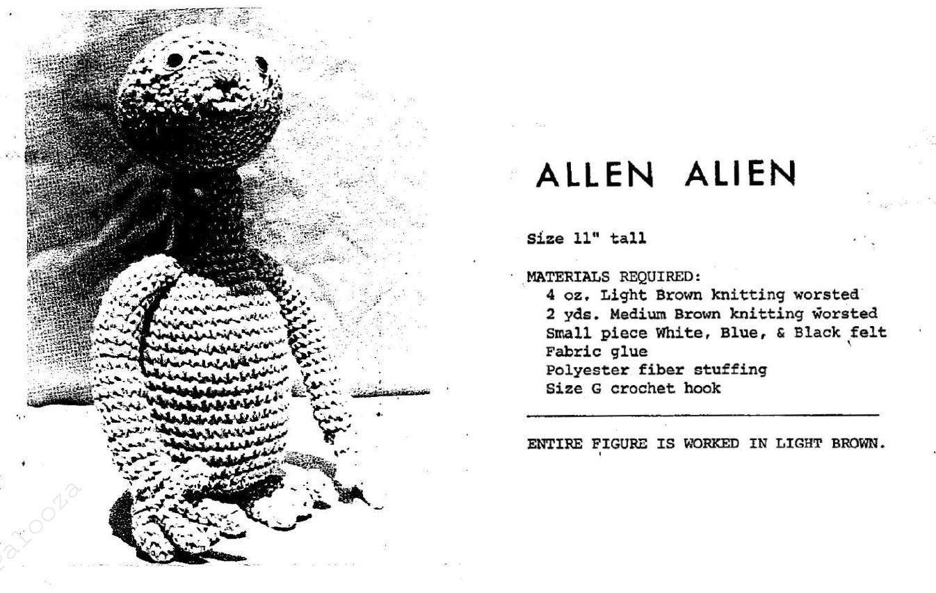 Vintage Crochet Pattern 11" ET Space Alien Amigurumi Doll E.T. Extra Terrestrial PDF Instant Digital Download Space Creature Soft Toy 10 Ply