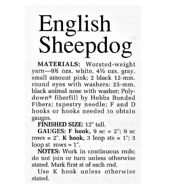 Vintage Crochet Pattern 12" English Sheepdog Dog Soft Toy Doll PDF Instant Digital Download Loop Stitch Mr. Mugs Plush Purebred 10 Ply