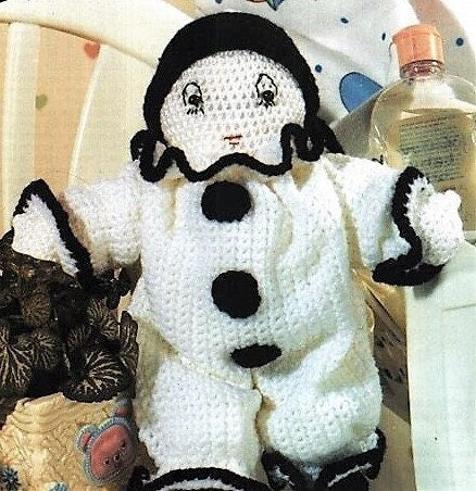 Vintage Crochet Pattern 10" French Mime Clown Doll Pierrot Poupée English AND French PDF Instant Digital Download 10 Ply Version Francaise
