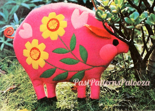 Vintage Sewing Pattern Retro Pig Soft Felt Toy Doll Pillow Flower Power PDF Instant Digital Download Kitsch Soft Toy Animal Applique Cushion