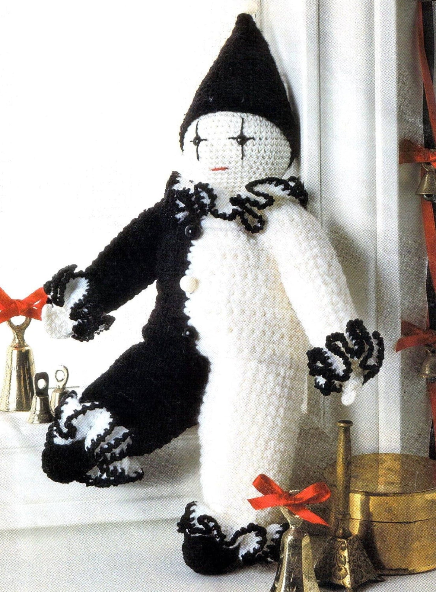 Vintage Crochet Pattern 15" French Mime Pierrot Clown Doll PDF Instant Digital Download Black White Clown Amigurumi Plush Stuffed Toy 10 Ply