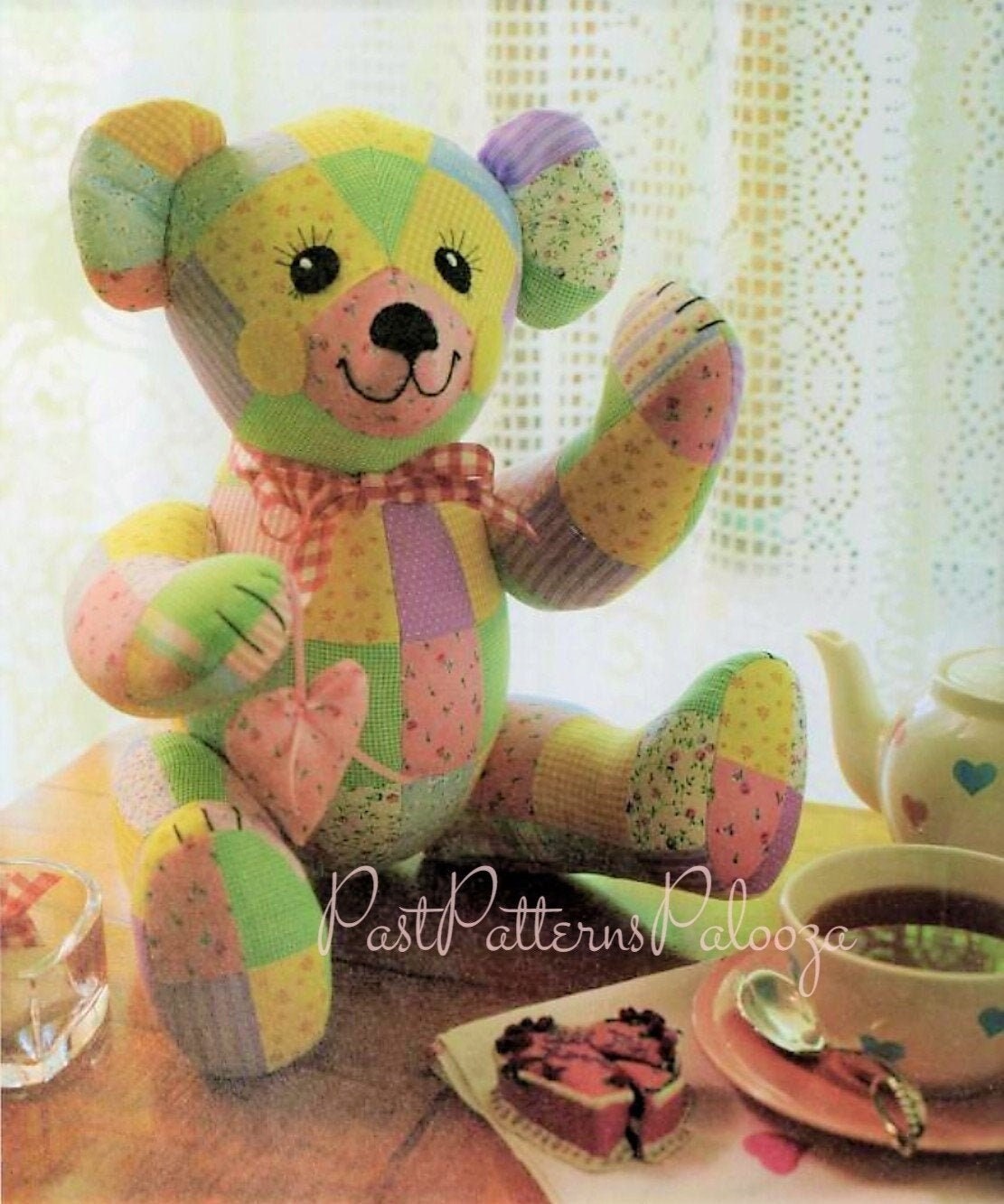 Vintage Sewing Pattern 12" Pastel Patchwork Fabric Teddy Bear PDF Instant Digital Download Soft Stuffed Non Jointed Toy Babys First Bear