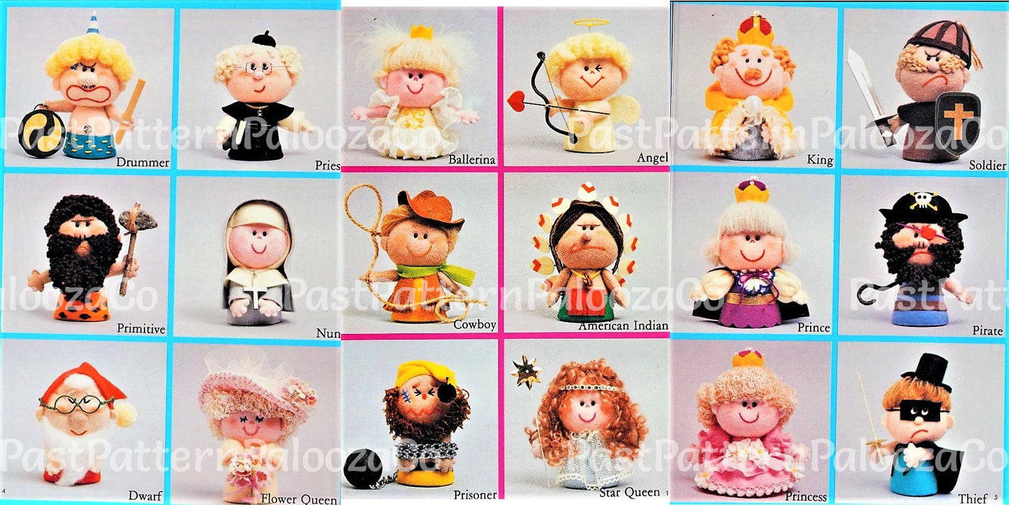 Vintage Sewing Pattern 5" Adorable Felt Soft Doll Figures Set of 18 Different Characters PDF Instant Digital Download Kitsch Small Dolls