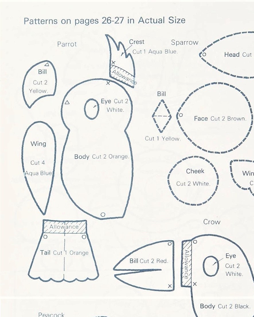 Vintage Sewing Pattern Mini Felt Birds Soft Dolls 12 Figures 2 -5 Inches PDF Instant Digital Download Bat Owl Parrot Peacock Chicken