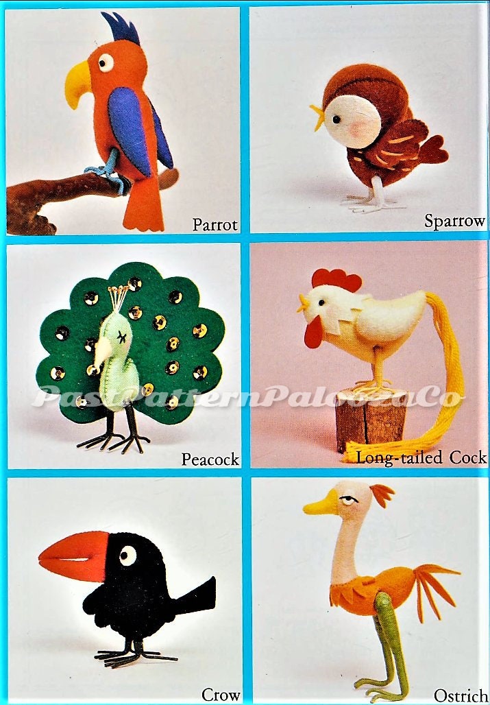 Vintage Sewing Pattern Mini Felt Birds Soft Dolls 12 Figures 2 -5 Inches PDF Instant Digital Download Bat Owl Parrot Peacock Chicken