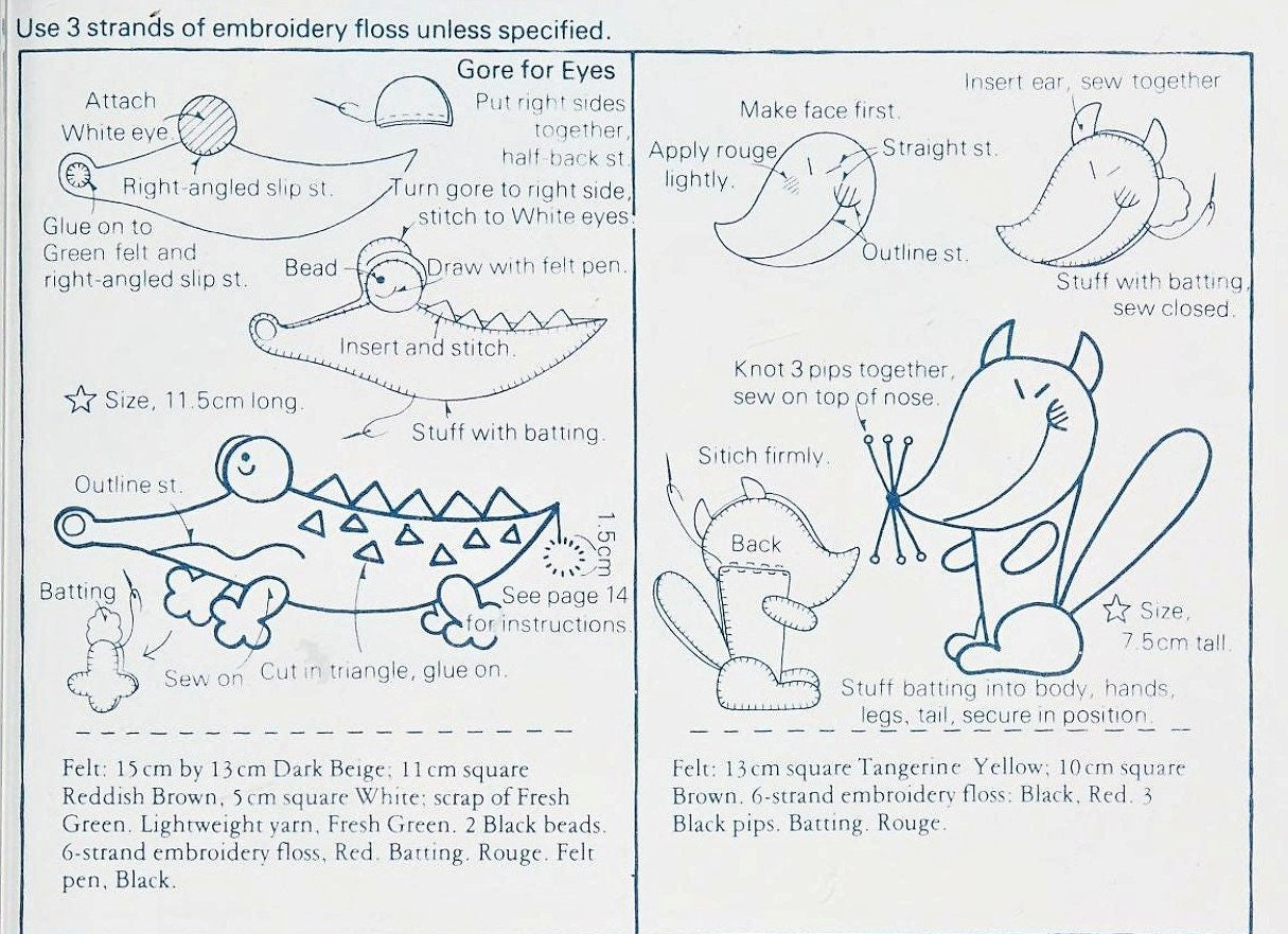 Vintage Sewing Pattern Cuddly Creatures Zoo Animals 12 Felt Soft Doll Figures 3-5 Inches PDF Instant Digital Download Gorilla Lion Hippo +