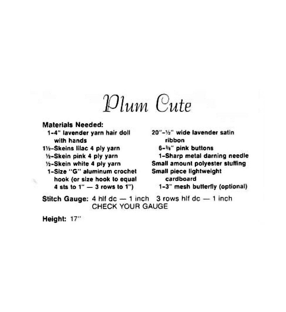 Vintage Crochet Pattern 17" Plum Cute Yarn Head Doll Sunbonnet PDF Instant Digital Download Retro 1980s Yarn Hair 4 Ply