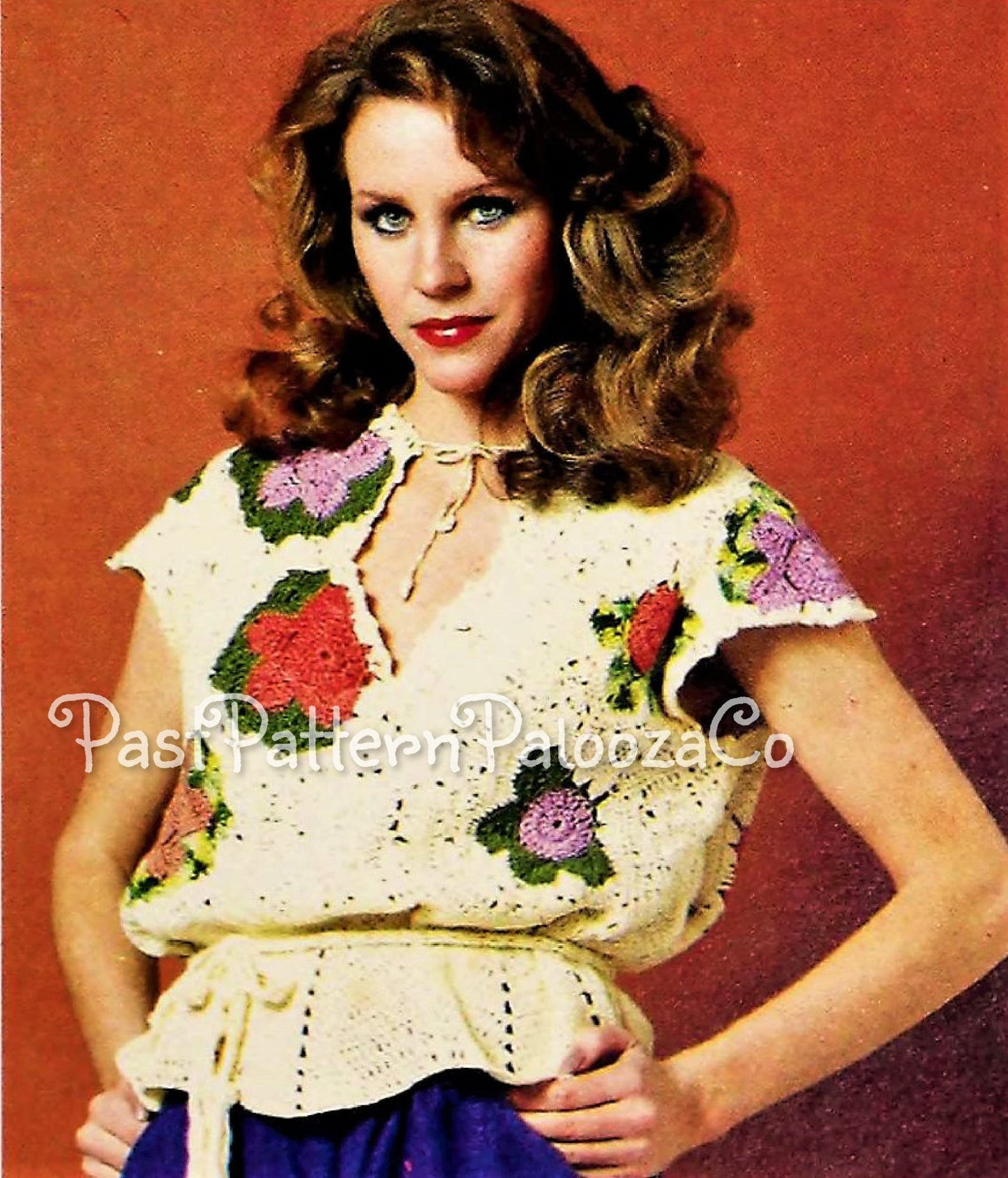 Vintage Crochet Pattern Womens Pretty Flower Blouse Top PDF Instant Digital Download Cinched Waist Floral Hexagon Motifs Cotton Thread