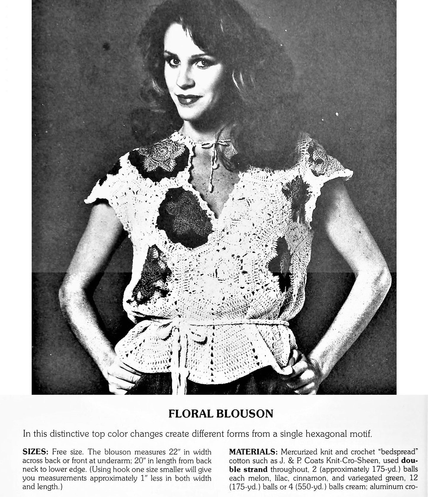 Vintage Crochet Pattern Womens Pretty Flower Blouse Top PDF Instant Digital Download Cinched Waist Floral Hexagon Motifs Cotton Thread