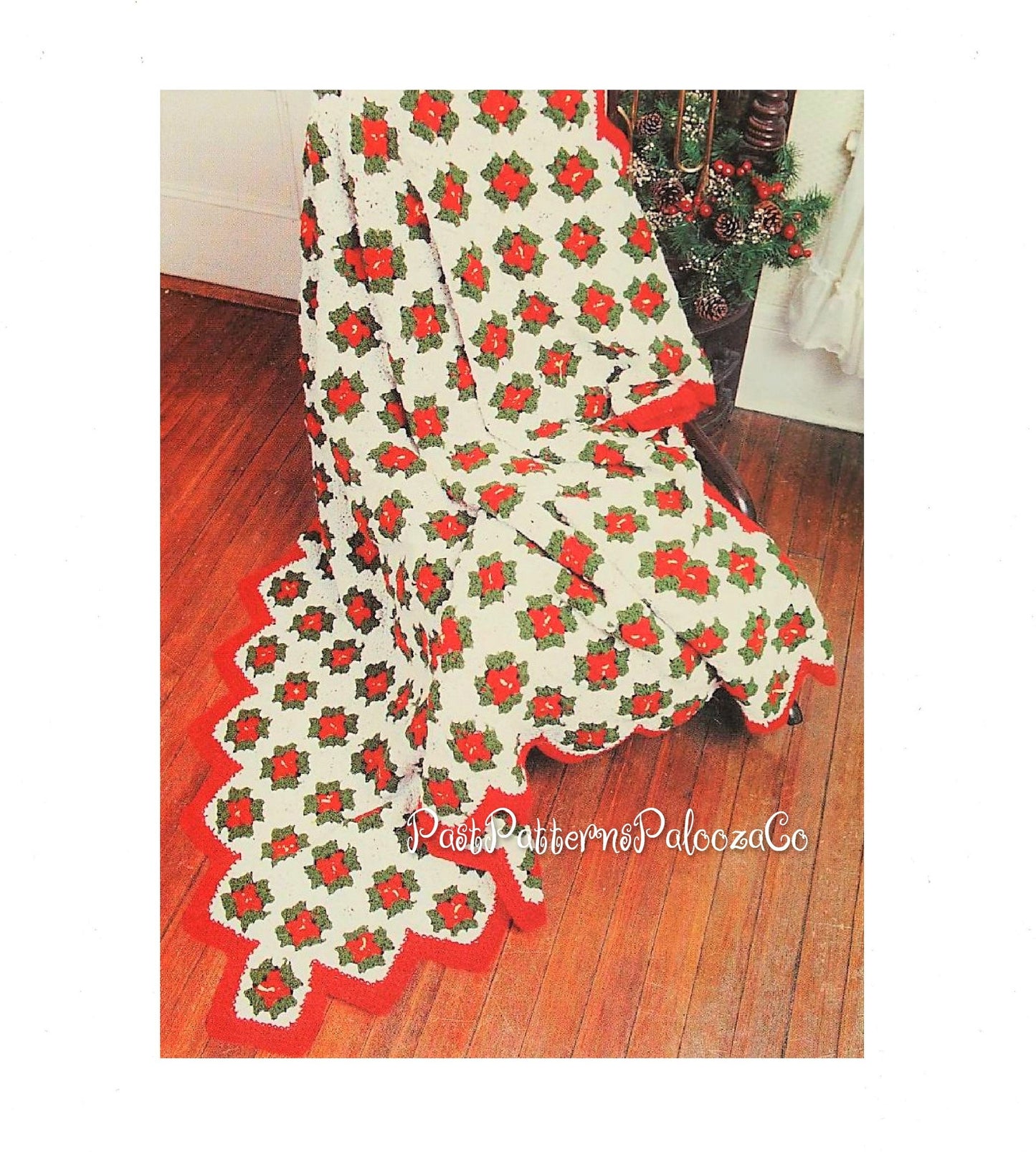 Vintage Crochet Pattern Christmas Poinsettia Afghan Mini Granny Squares PDF Instant Digital Download Holiday Flower Throw 10 Ply