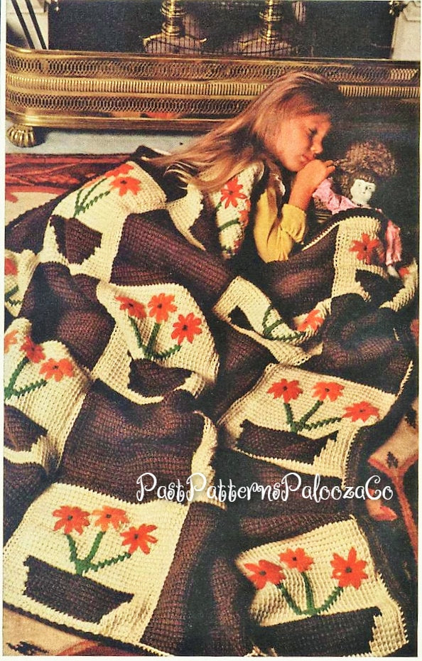 Vintage Crochet Pattern Girls Childs Flowerpot Squares Afghan PDF Instant Digital Download Retro Flower Pot Twin Bed Blanket Tunisian 10 Ply